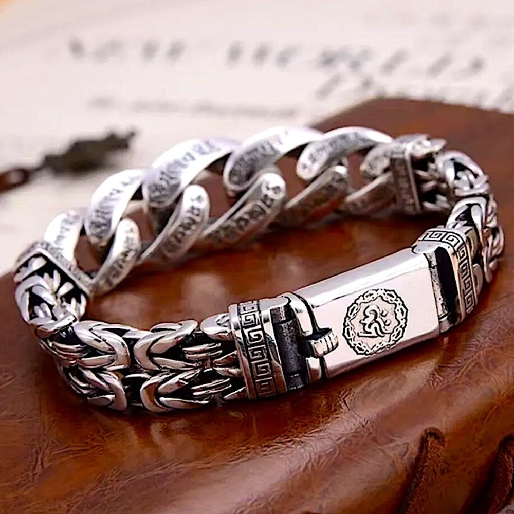 Stainless Steel Chain Link Bracelet, Mantra, Curb Hand Woven Engraved Byzantine